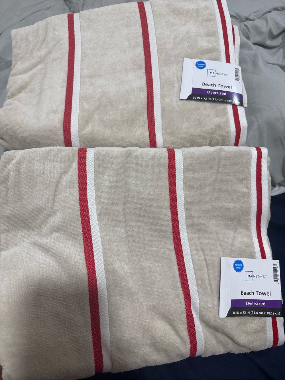 Mainstays Beige Beach Towel with Red and White Stripes